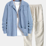 Ensemble — chemise en velours côtelé à col cubain et manches longues & pantalon en lin à jambe droite