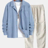 Ensemble — chemise en velours côtelé à col cubain et manches longues & pantalon en lin à jambe droite