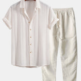 Ensemble — chemise jacquard géométrique & pantalon en lin à jambe droite