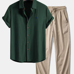 Ensemble — chemise en lin à manches courtes & pantalon texturé froissé à jambe droite