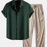 Ensemble — chemise en lin à manches courtes & pantalon texturé froissé à jambe droite