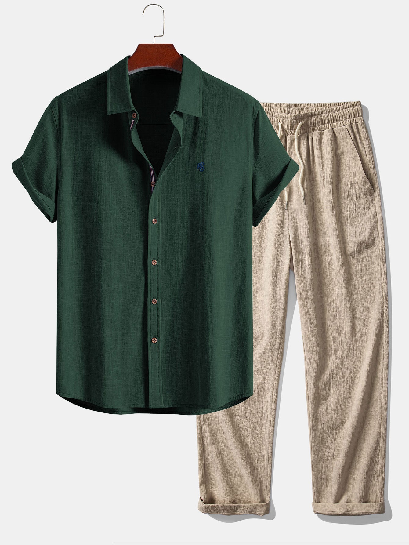 Ensemble — chemise en lin à manches courtes & pantalon texturé froissé à jambe droite