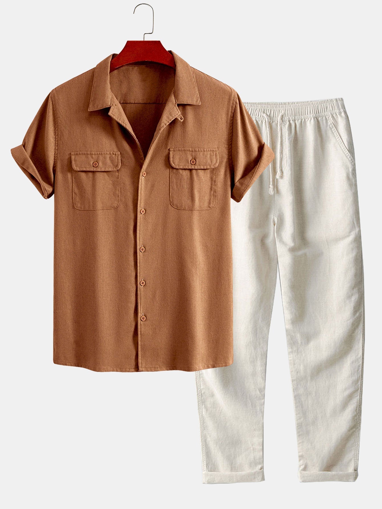 Ensemble — chemise cubaine en lin à poches & pantalon en lin à jambe droite