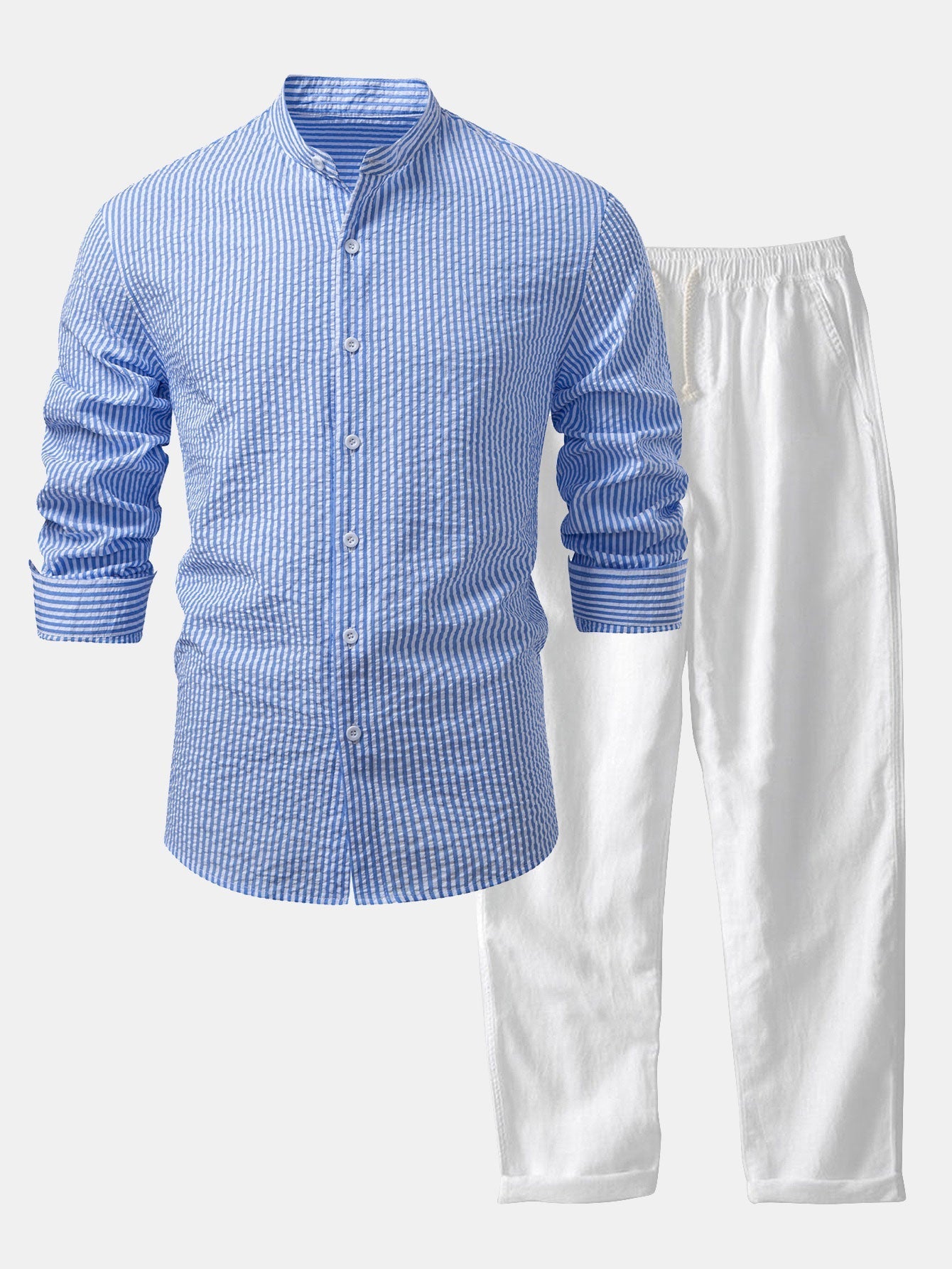 Ensemble — chemise rayée en seersucker à col officier & pantalon en lin à jambe droite