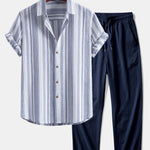 Ensemble — chemise en lin rayé & pantalon texturé froissé à jambe droite