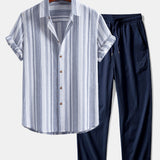 Ensemble — chemise en lin rayé & pantalon texturé froissé à jambe droite