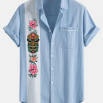 Chemise boutonnée en lin contrastant à imprimé tiki Hawaï