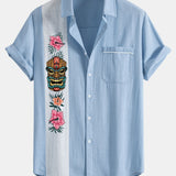 Chemise boutonnée en lin contrastant à imprimé tiki Hawaï