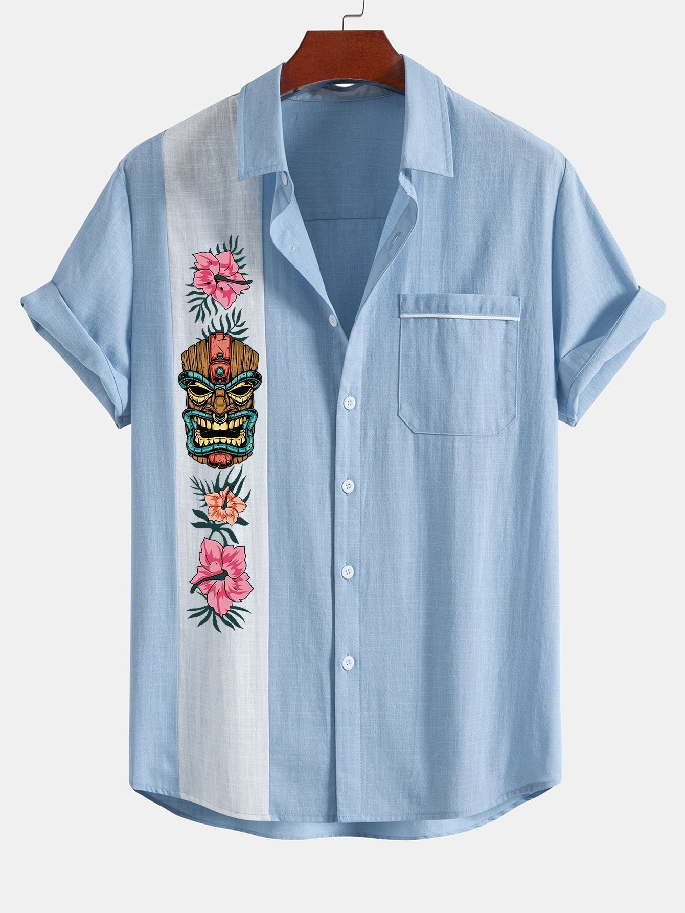 Chemise boutonnée en lin contrastant à imprimé tiki Hawaï