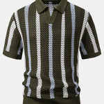 Ensemble — polo crocheté rayé à col V & pantalon en lin à jambe droite