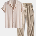 Ensemble — chemise cubaine gaufrée en maille à manches courtes & pantalon texturé froissé