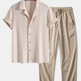 Ensemble — chemise cubaine gaufrée en maille à manches courtes & pantalon texturé froissé