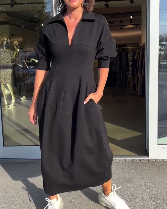 Hélène | Robe midi à col chemise et poches