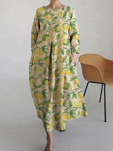 Mylène | Robe longue à motif citrons et col rond