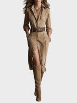 Jeanne | Robe chemise midi fendue à poches poitrine