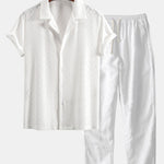 Ensemble — chemise cubaine texturée à losanges coupe ajustée & pantalon en lin à jambe droite