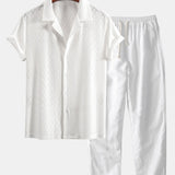 Ensemble — chemise cubaine texturée à losanges coupe ajustée & pantalon en lin à jambe droite