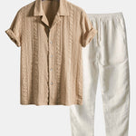 Ensemble Améline — chemise cubaine texturée jacquard géométrique & pantalon en lin à jambe droite
