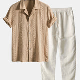 Ensemble Améline — chemise cubaine texturée jacquard géométrique & pantalon en lin à jambe droite