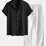 Ensemble — chemise cubaine gaufrée à manches courtes & pantalon en lin à jambe droite