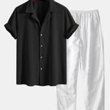 Ensemble — chemise cubaine gaufrée à manches courtes & pantalon en lin à jambe droite