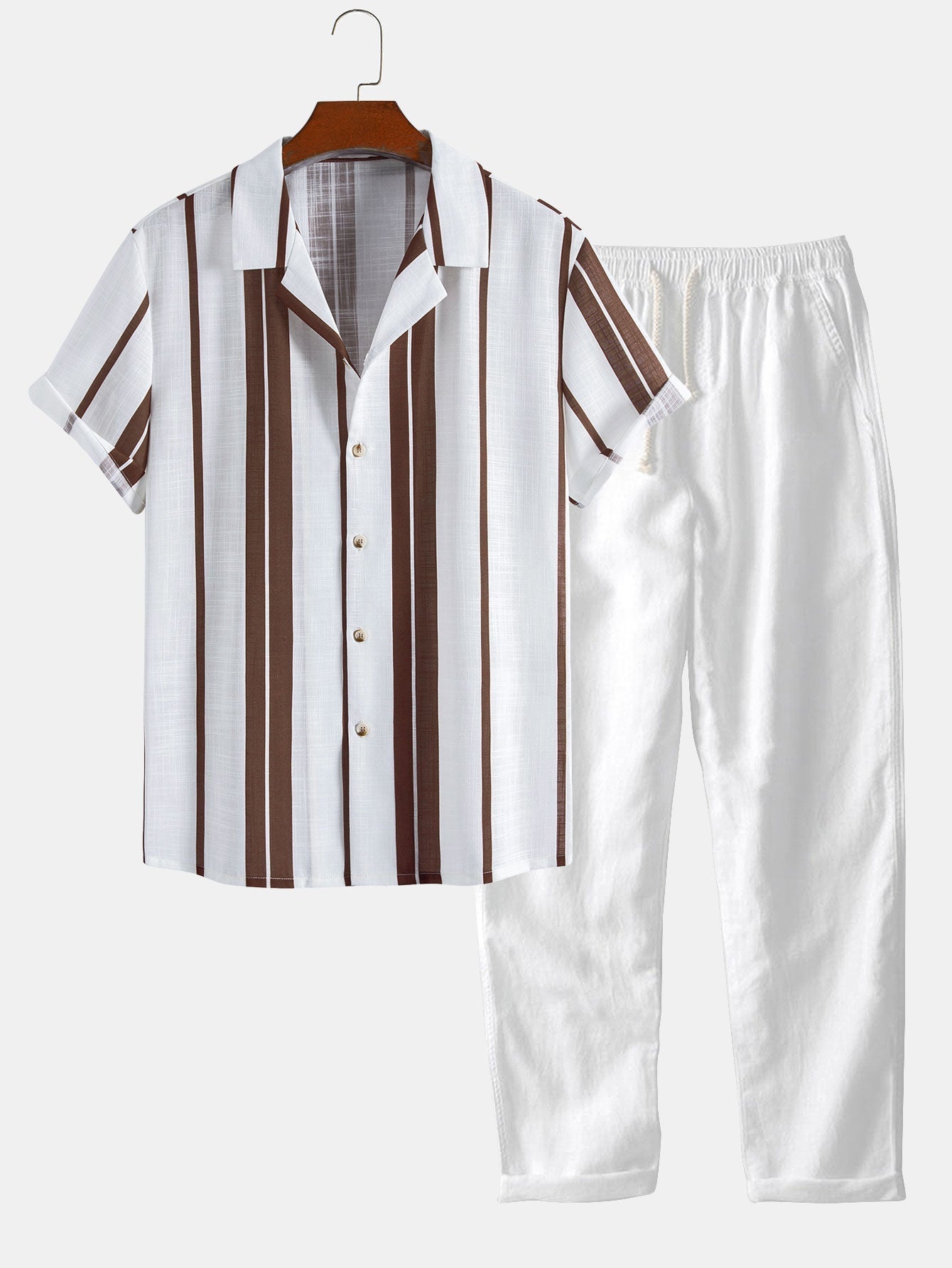 Ensemble — chemise cubaine en lin rayé & pantalon en lin à jambe droite