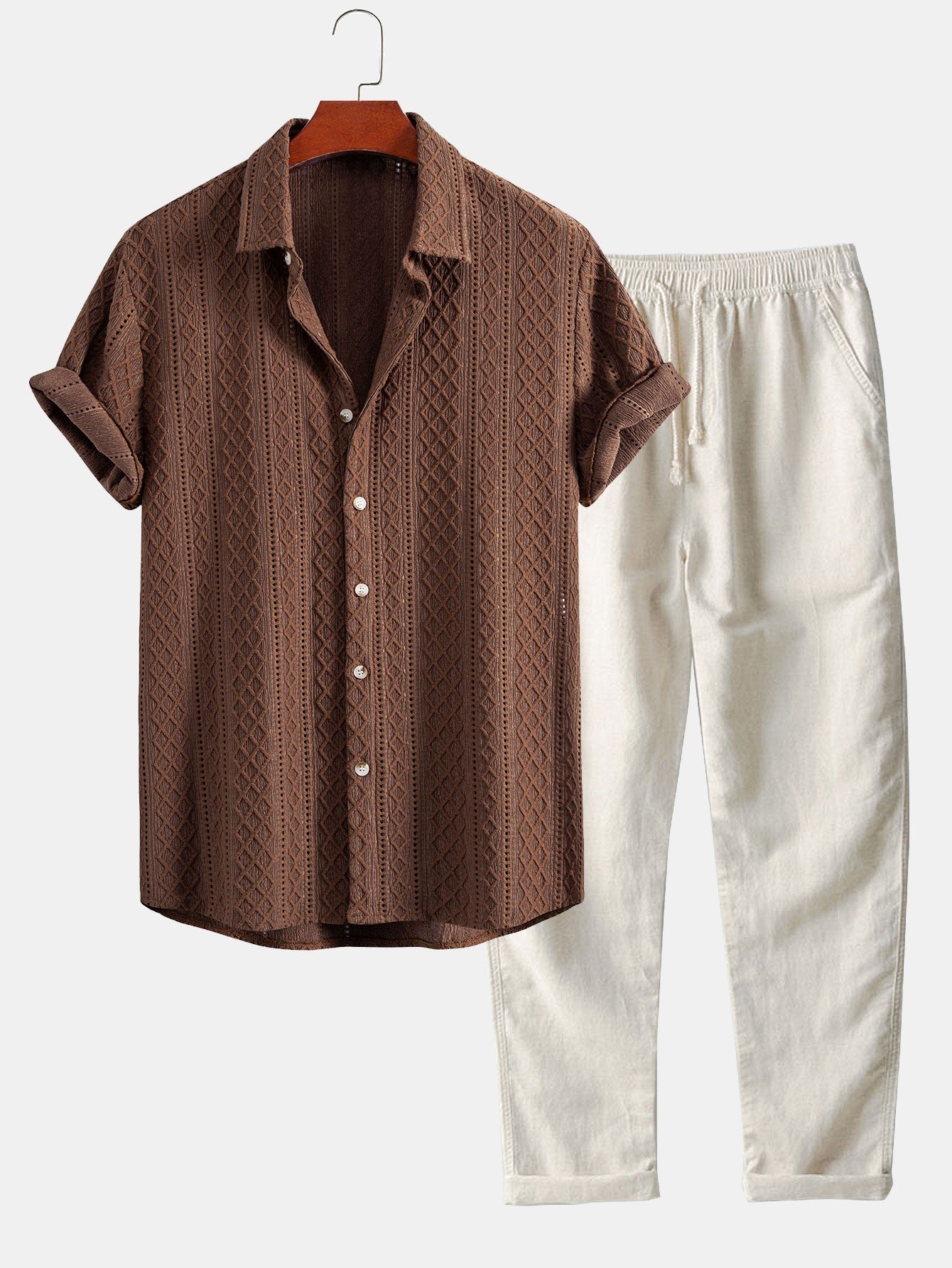 Ensemble — chemise jacquard à losanges géométriques & pantalon en lin à jambe droite