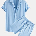 Ensemble — chemise côtelée à col cubain profond coupe ajustée & short côtelé à cordon