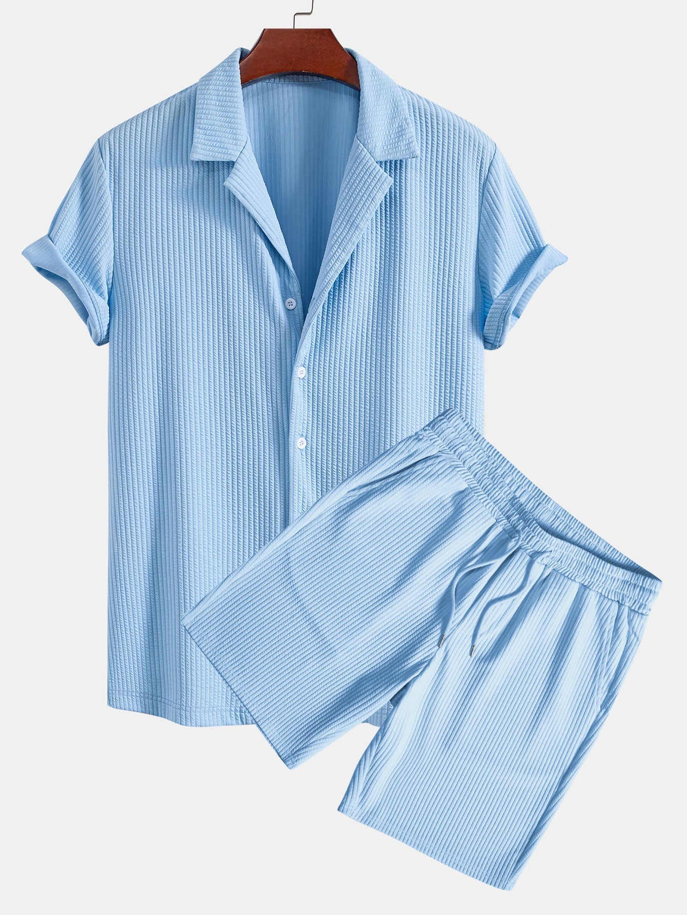Ensemble — chemise côtelée à col cubain profond coupe ajustée & short côtelé à cordon