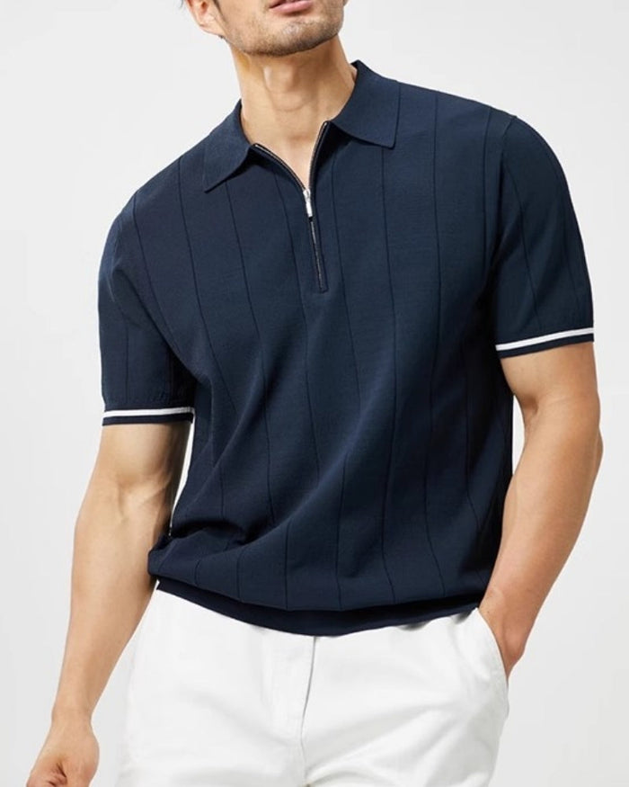 Men's Vertical Stripe Zip Placket Knit Polo with Contrast Cuffs