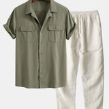 Ensemble — chemise cubaine en lin à poches & pantalon en lin à jambe droite