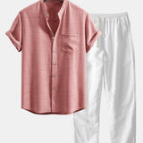 Ensemble — chemise à col officier et manches courtes & pantalon en lin à jambe droite
