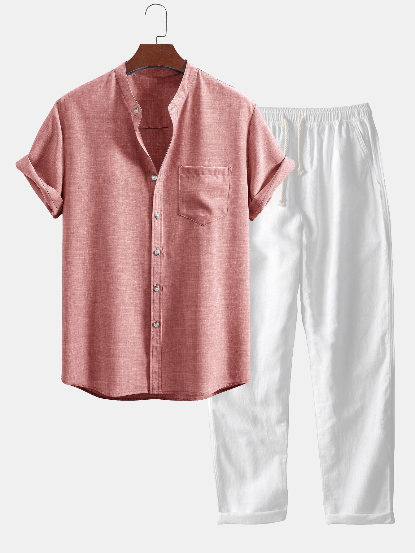 Ensemble — chemise à col officier et manches courtes & pantalon en lin à jambe droite