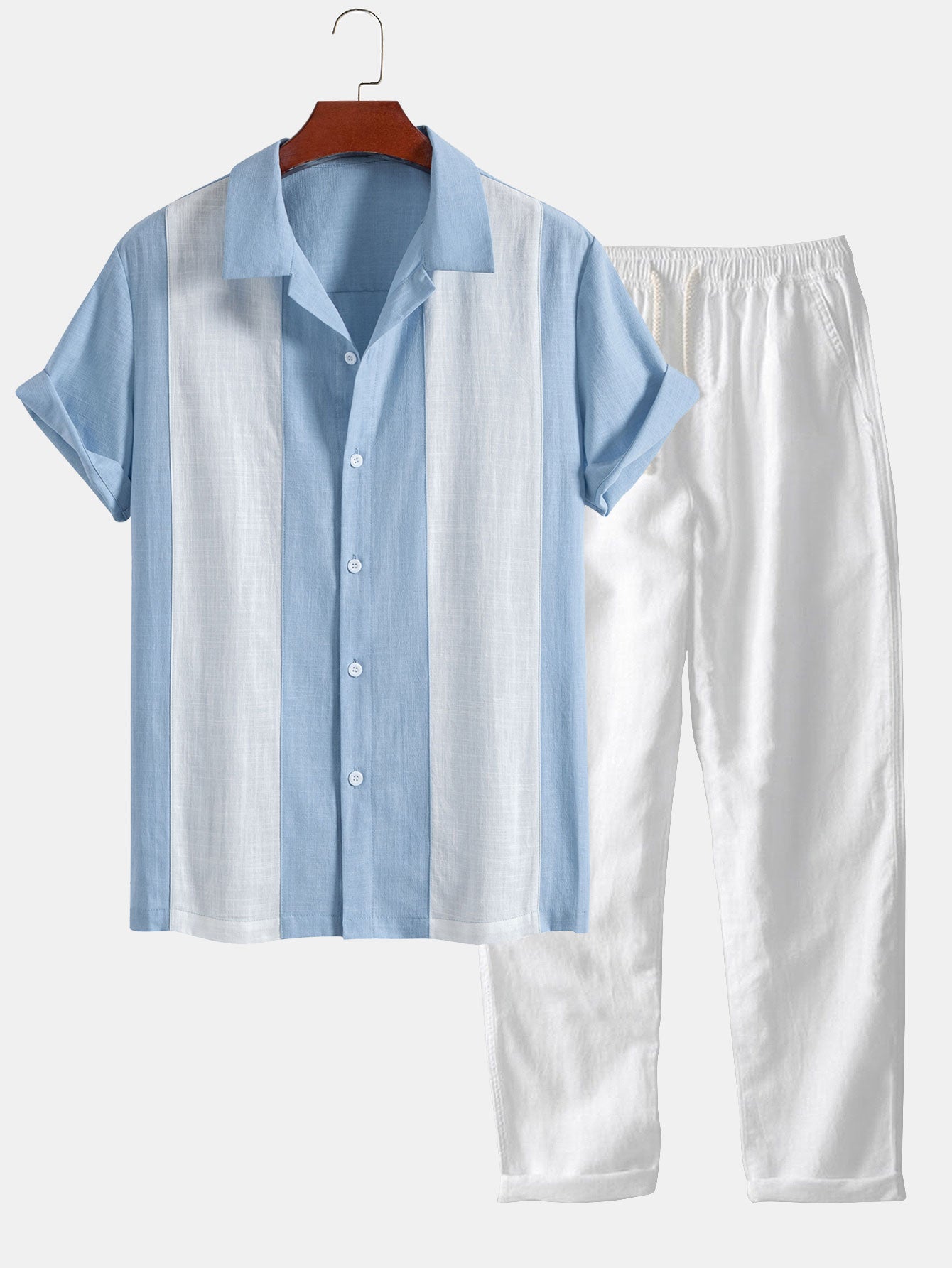 Ensemble — chemise bowling patchwork en lin & pantalon en lin à jambe droite