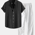 Ensemble — chemise rayée en coton mélangé à col officier & pantalon en lin à jambe droite