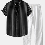 Ensemble — chemise rayée en coton mélangé à col officier & pantalon en lin à jambe droite