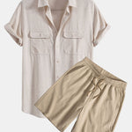 Ensemble — chemise utilitaire à poches en lin et viscose & short texturé froissé à cordon