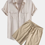 Ensemble — chemise utilitaire à poches en lin et viscose & short texturé froissé à cordon