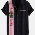 Chemise boutonnée en lin contrastant à imprimé tiki Hawaï