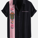 Chemise boutonnée en lin contrastant à imprimé tiki Hawaï