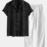 Ensemble Améline — chemise cubaine texturée jacquard & pantalon en lin à jambe droite