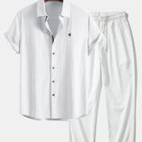 Ensemble — chemise en lin à manches courtes & pantalon texturé froissé à jambe droite