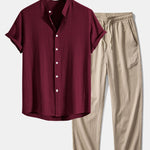 Ensemble — chemise en lin et viscose à col officier & pantalon texturé froissé