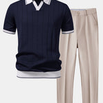 Ensemble — polo côtelé en maille à col Johnny et bordure contrastante & pantalon fuselé