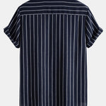 Ensemble — chemise rayée en coton mélangé à col officier & pantalon en lin à jambe droite