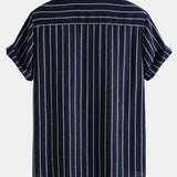 Ensemble — chemise rayée en coton mélangé à col officier & pantalon en lin à jambe droite
