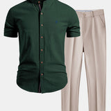 Ensemble — chemise en lin à col officier et manches courtes & pantalon fuselé coupe slim