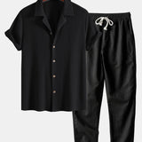 Ensemble — chemise cubaine texturée gaufrée & pantalon en lin à jambe droite