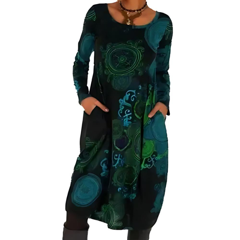 Bernadette | Robe midi à imprimé all-over et poches Bleu, photo studio