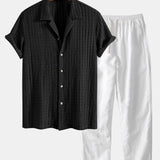 Ensemble Capucine — chemise cubaine texturée jacquard & pantalon en lin à jambe droite